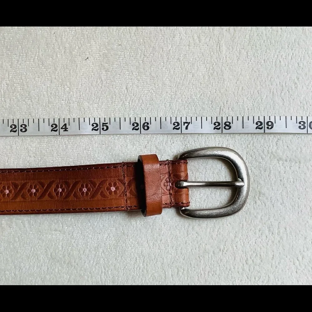 Leather belt embossed flowers detail kids Euc brown hand painted